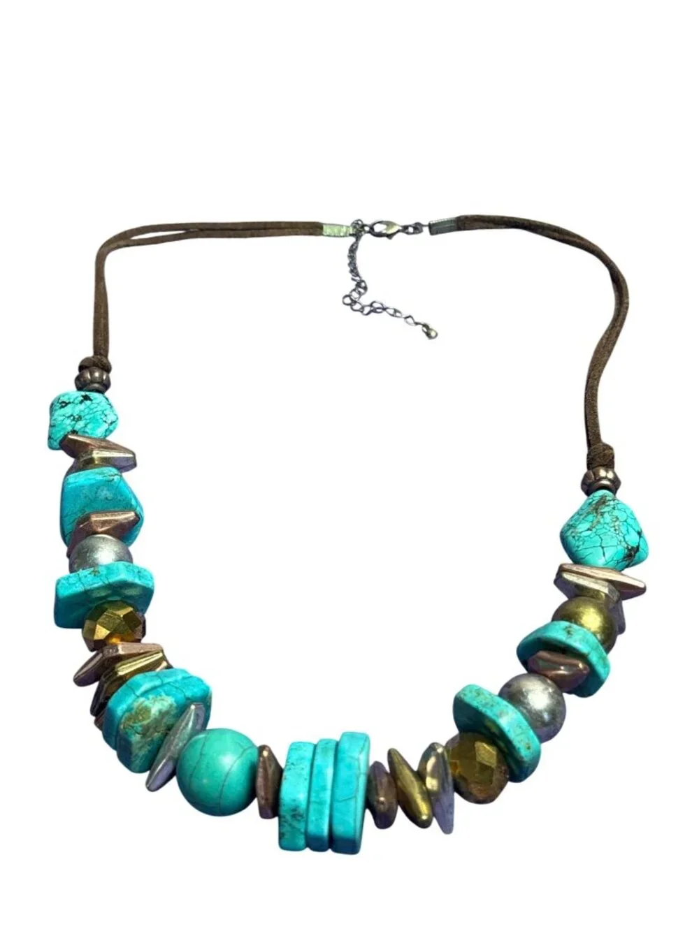 Dyed Howlite Stone Faux Turquoise 3 Tone Metal Beaded Suede Double Cord Necklace